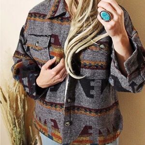 New In Aztec Tribal Shacket Jacket